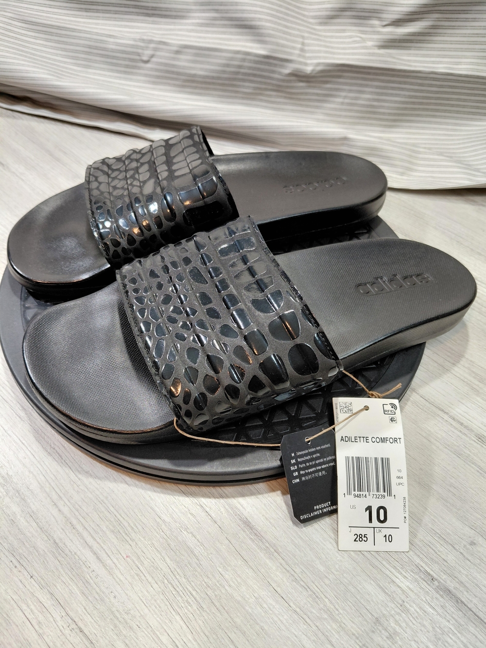 NWT Adidas Adilette Womens Comfort  Black Slide Sandals Croc Embossed SIZE 10